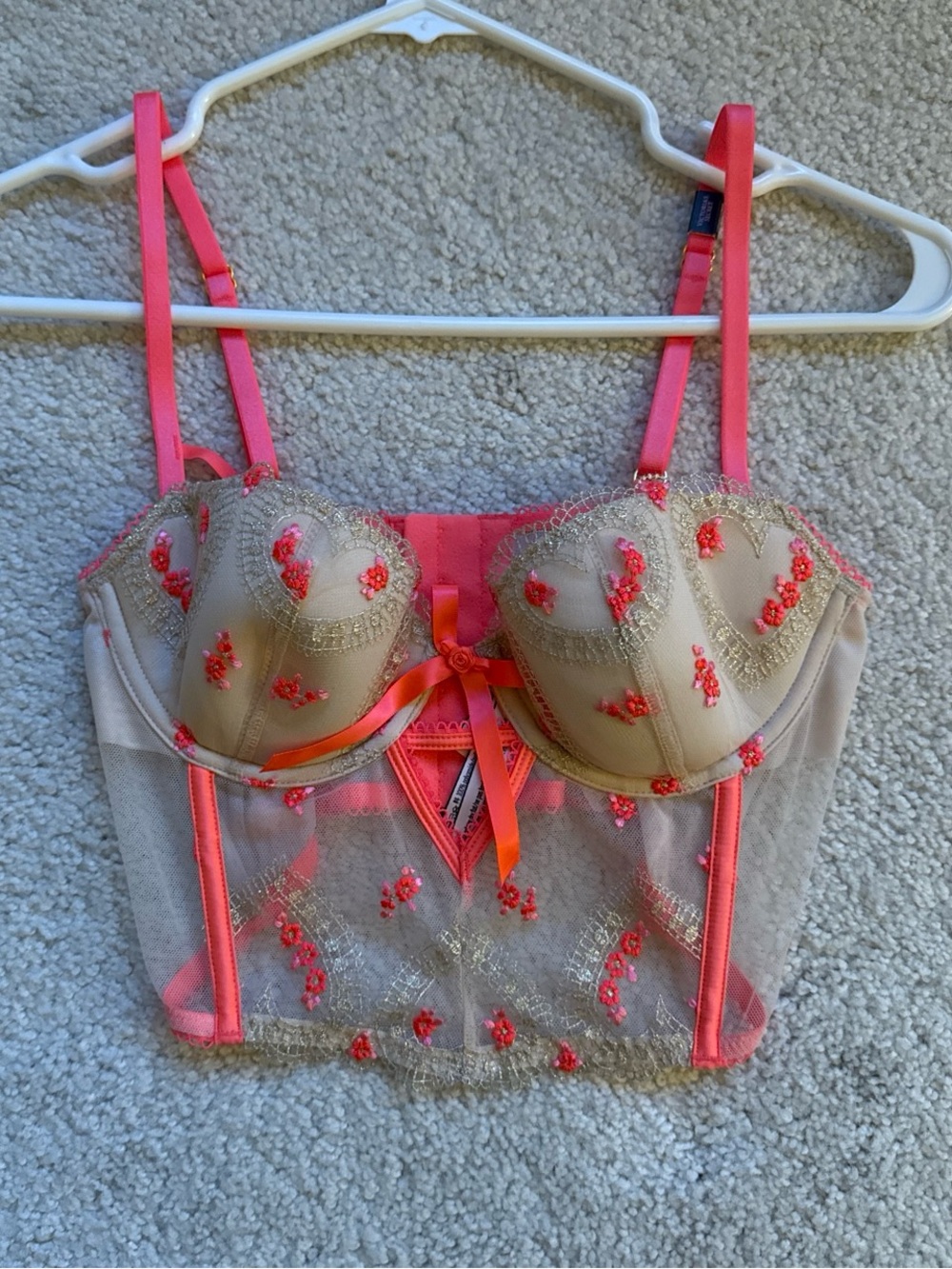 NWT Victoria's Secret Beige Sheer Bustier with Neon Pink Embroidery